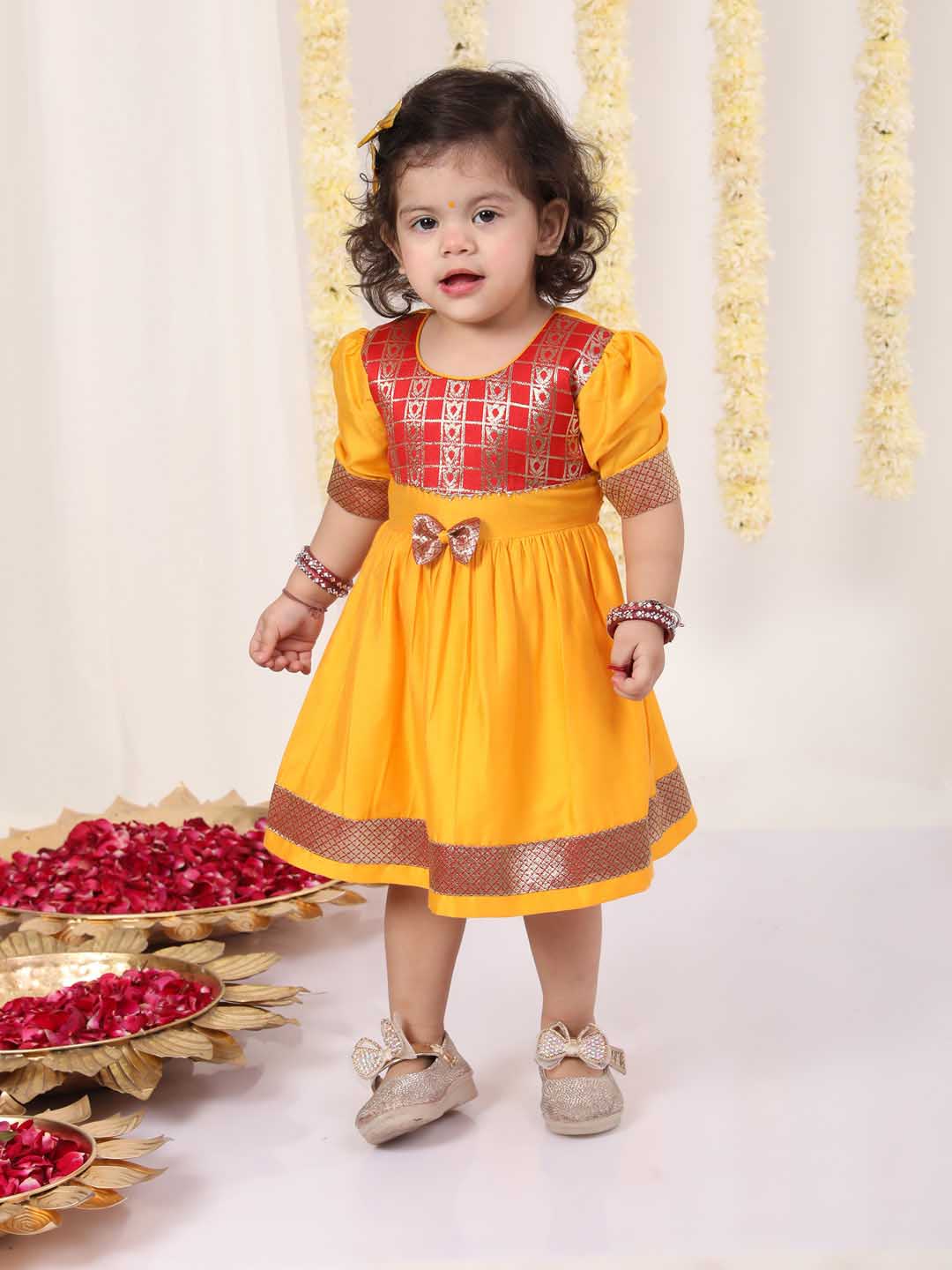 Girl's Red And Yellow Banarsi Frock
