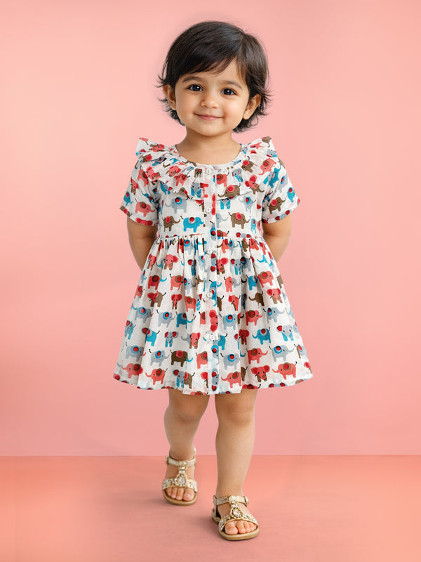 Girls Multicolour Cotton Animal Print Gathered Short Sleeve A-Line Dress