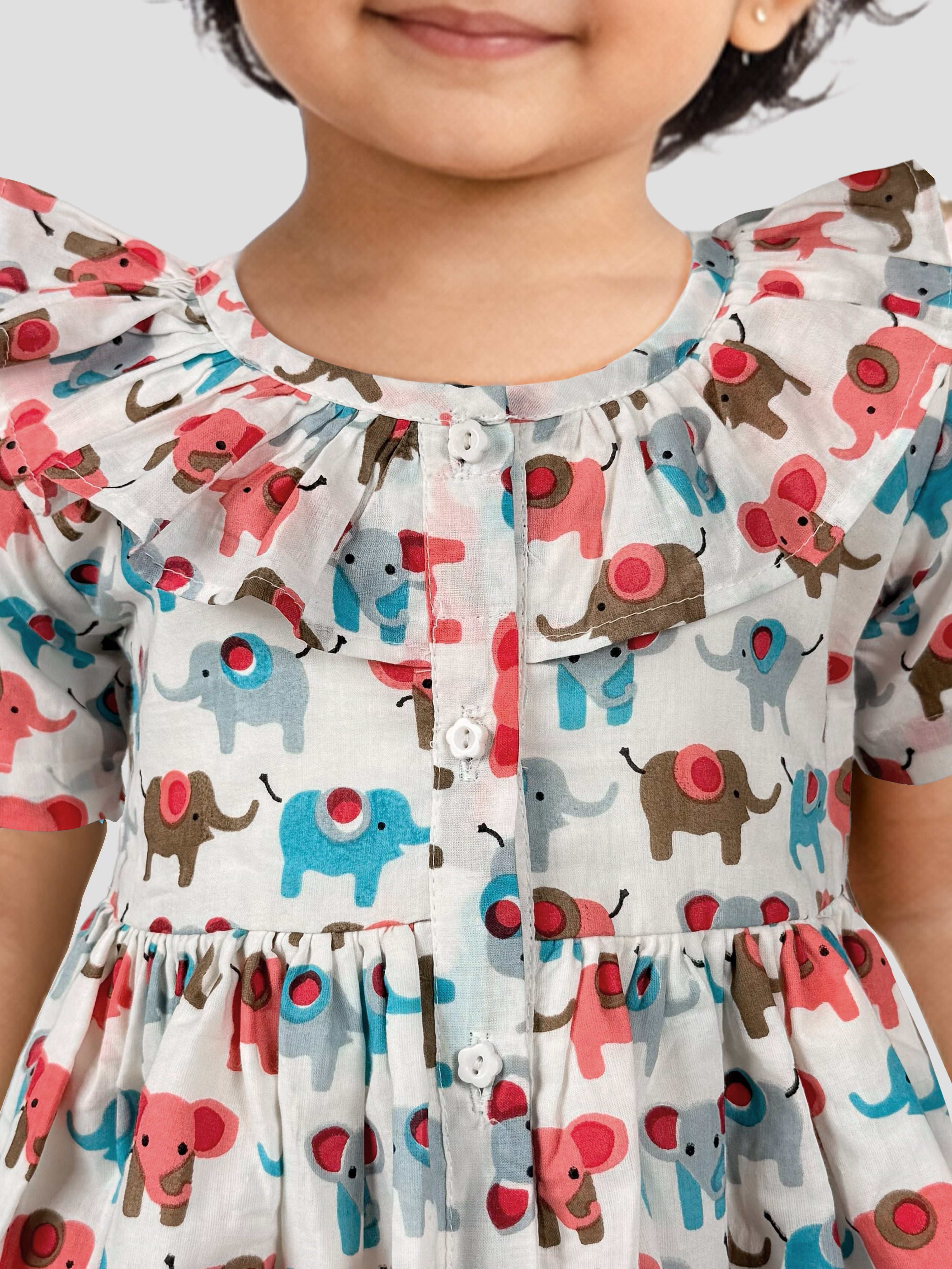 Girls Multicolour Cotton Animal Print Gathered Short Sleeve A-Line Dress