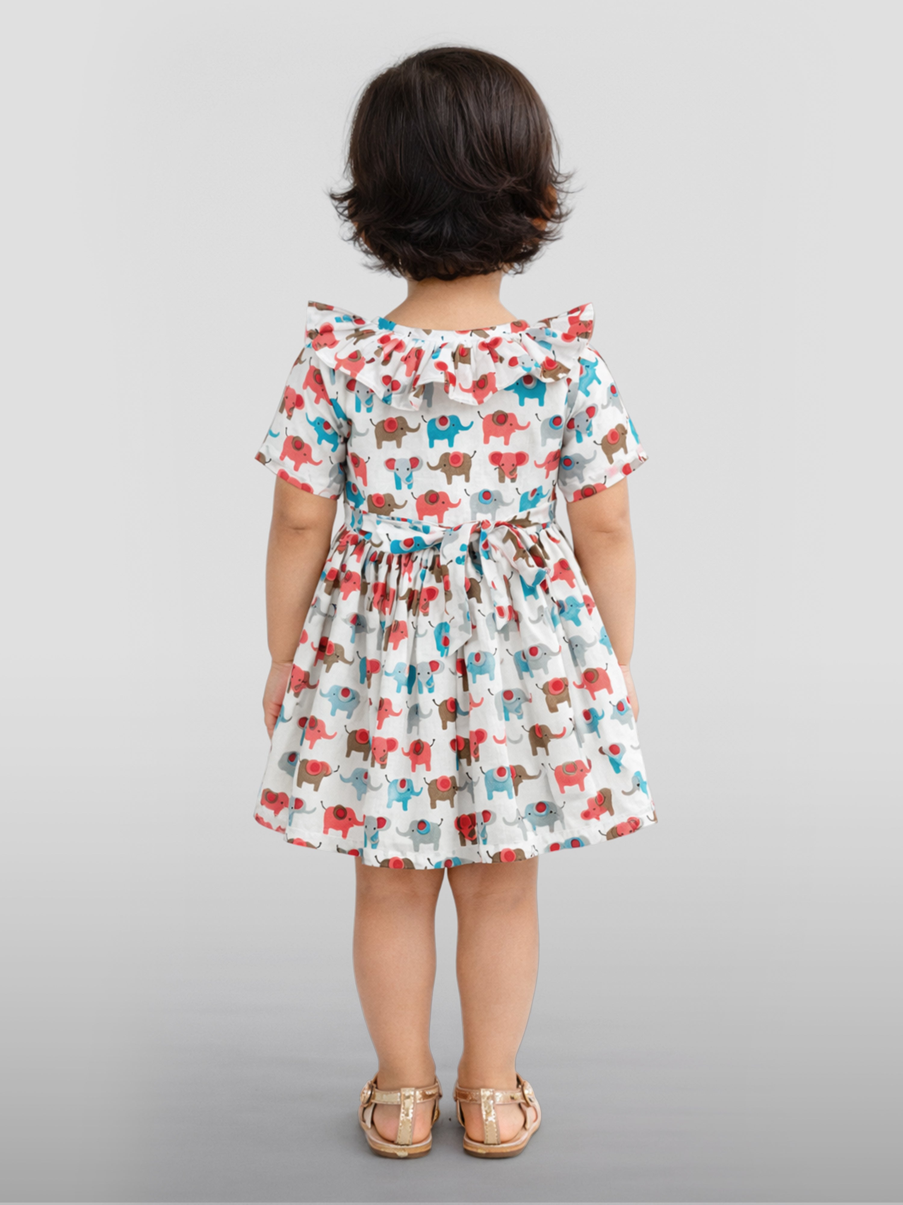 Girls Multicolour Cotton Animal Print Gathered Short Sleeve A-Line Dress