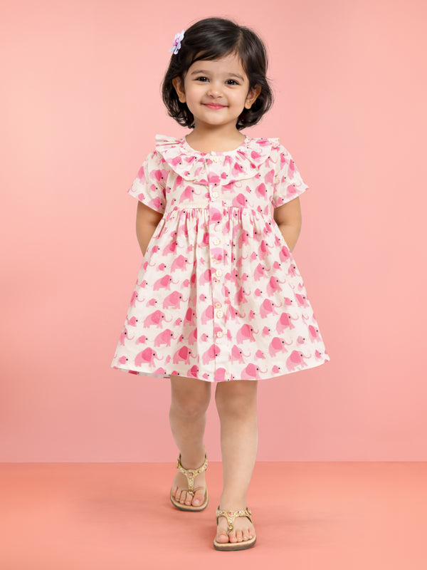 Girls Pink Cotton Animal Print Gathered Short Sleeve A-Line Dress