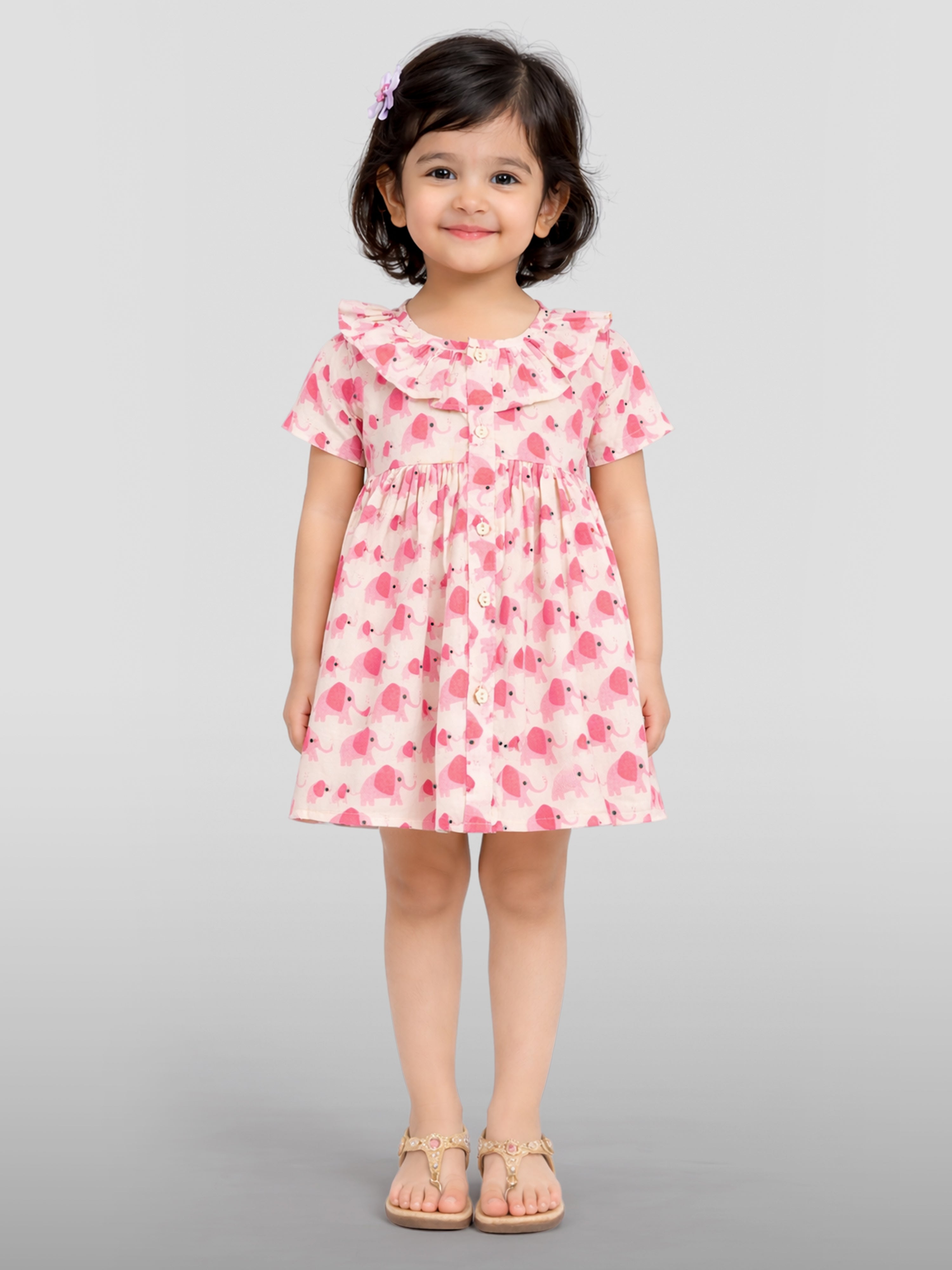 Girls Pink Cotton Animal Print Gathered Short Sleeve A-Line Dress