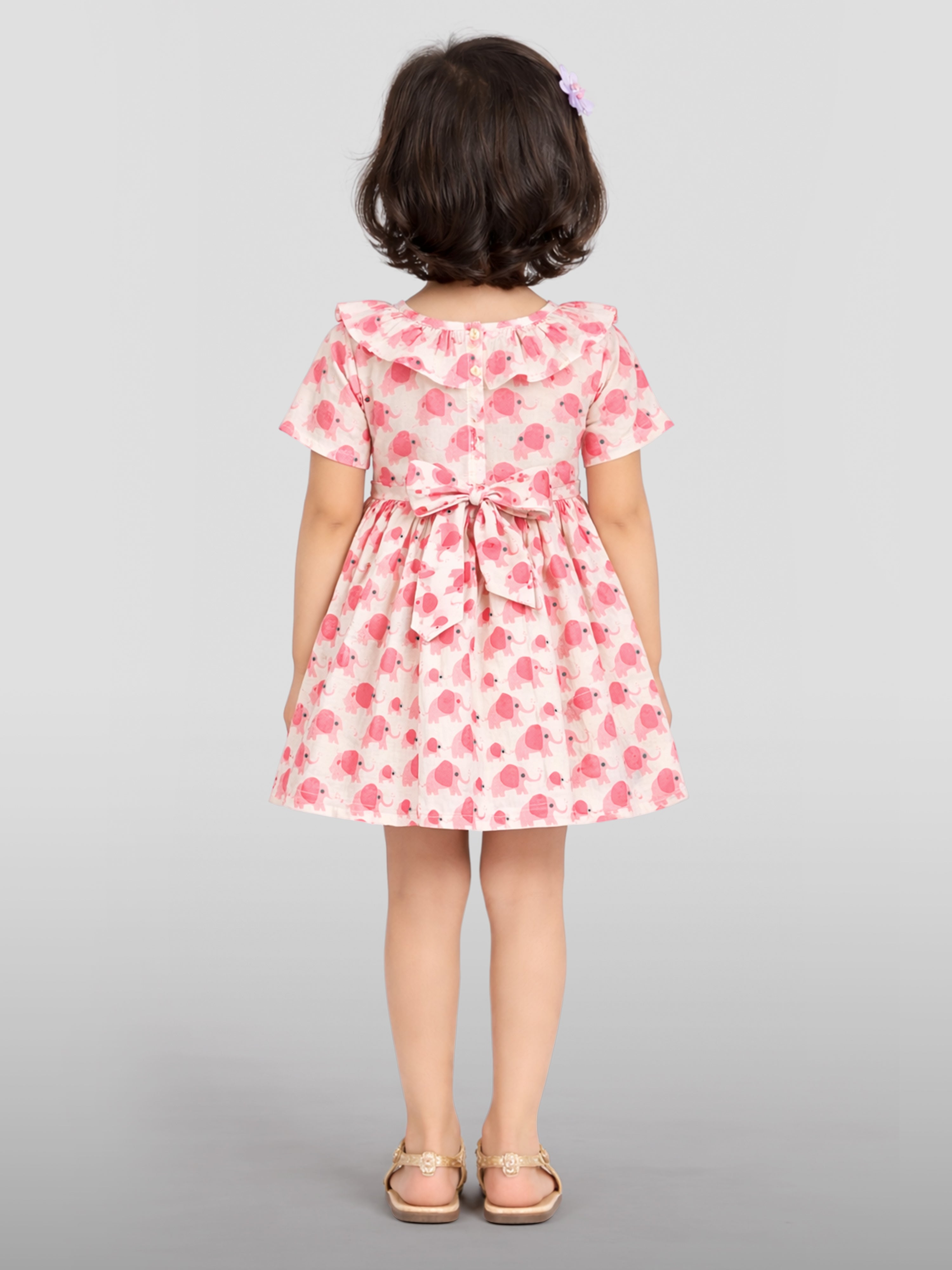Girls Pink Cotton Animal Print Gathered Short Sleeve A-Line Dress