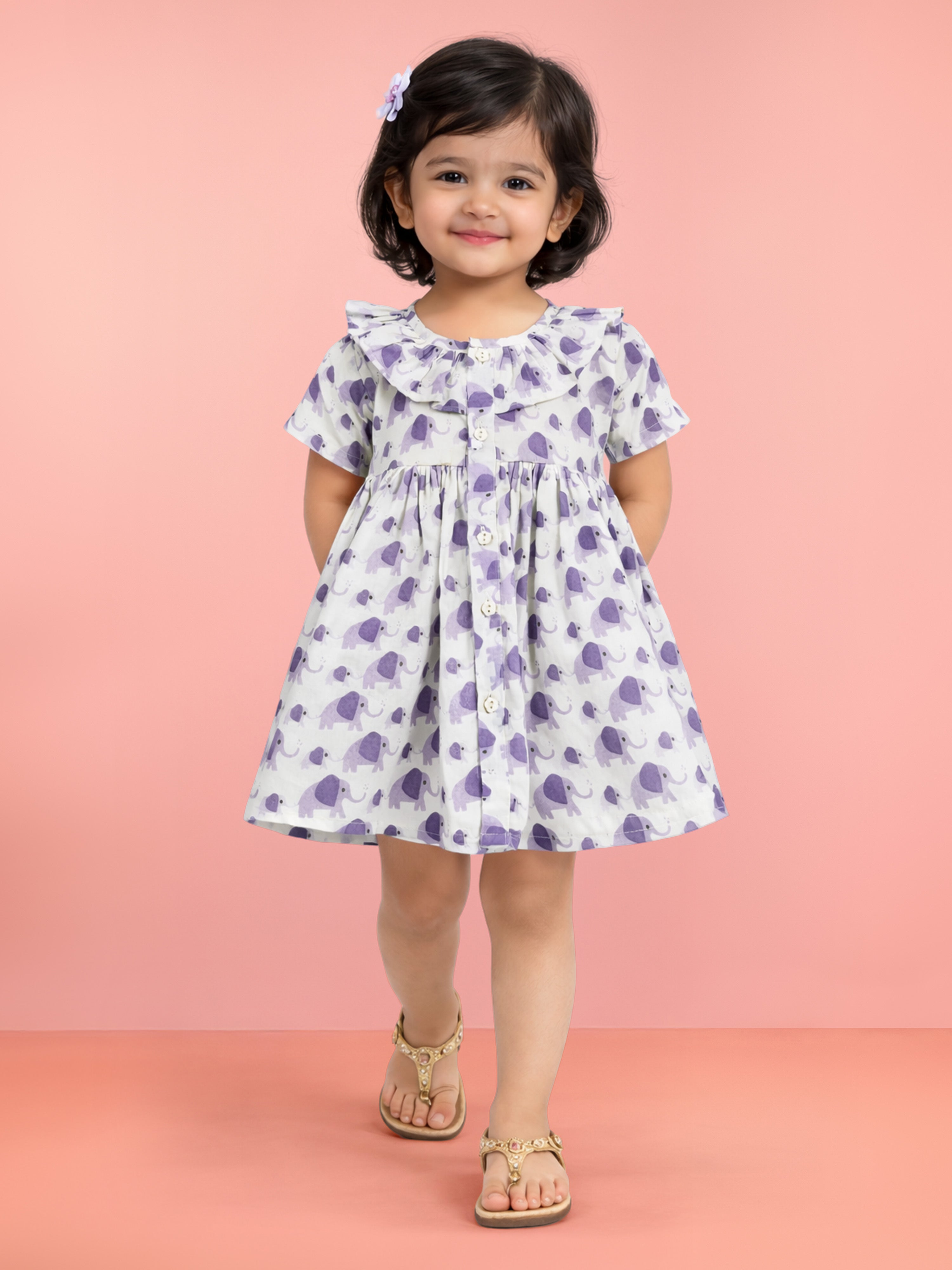 Girls Purple Cotton Animal Print Gathered Short Sleeve A-Line Dress