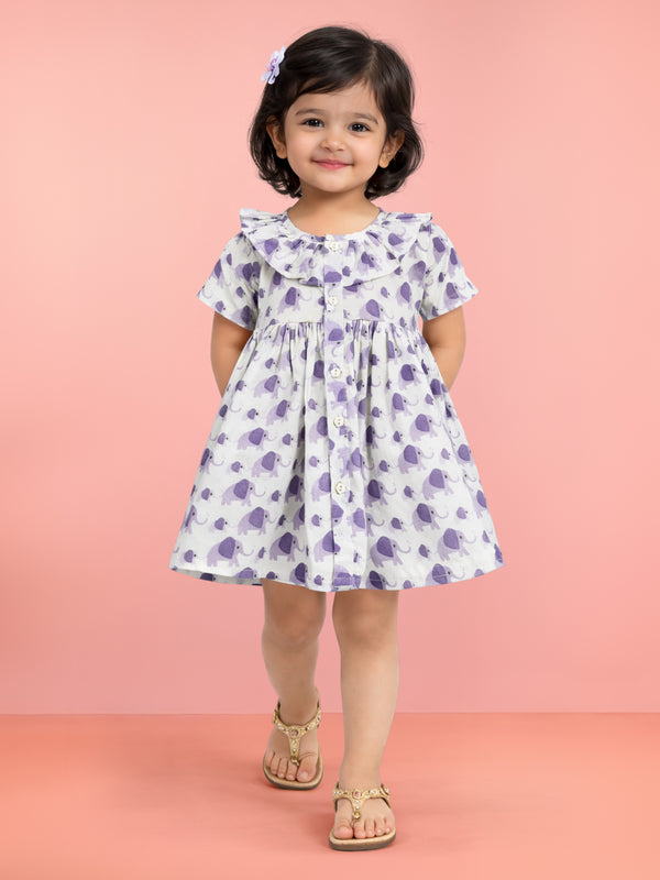 Girls Purple Cotton Animal Print Gathered Short Sleeve A-Line Dress