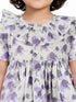Girls Purple Cotton Animal Print Gathered Short Sleeve A-Line Dress