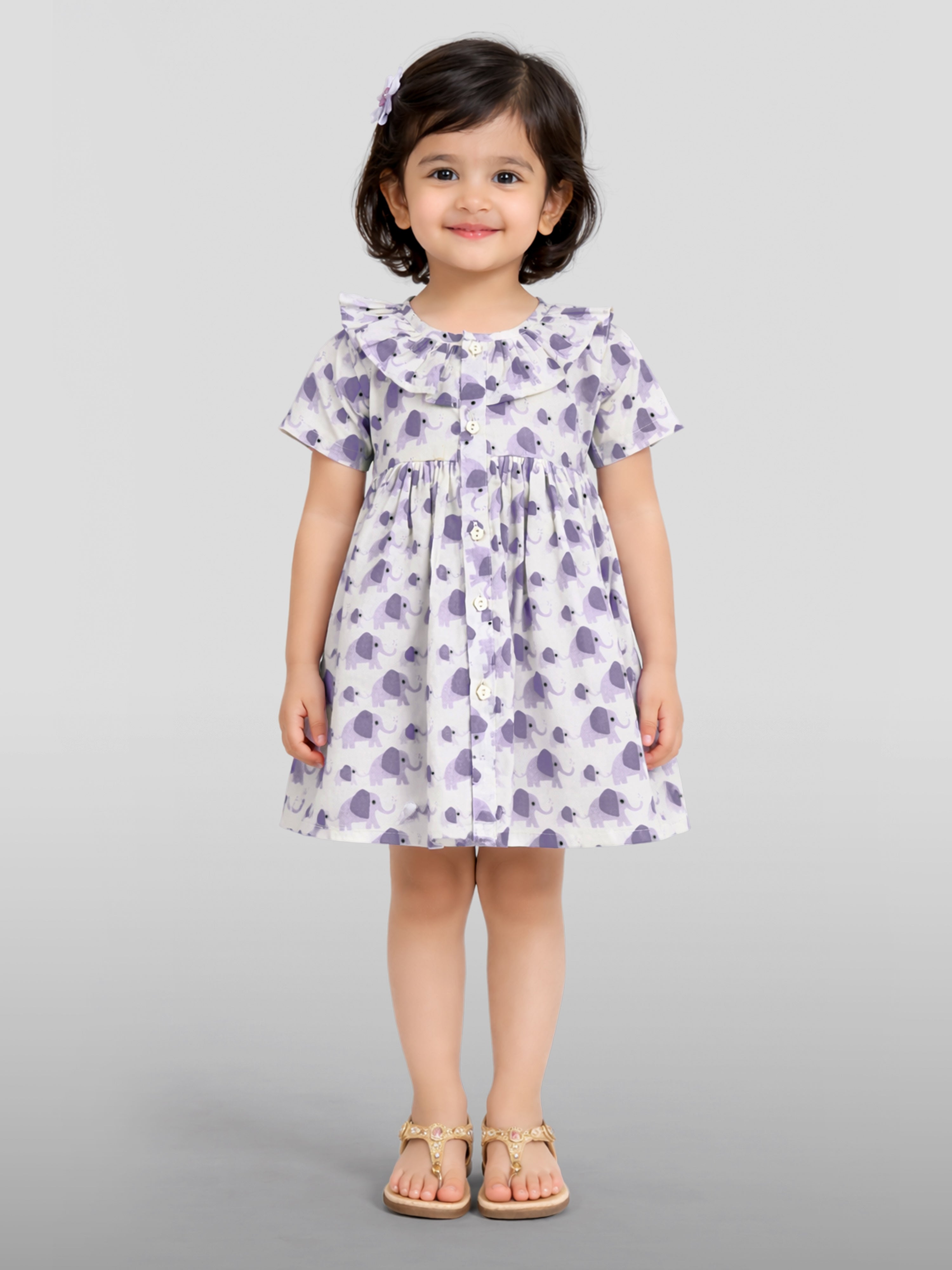 Girls Purple Cotton Animal Print Gathered Short Sleeve A-Line Dress