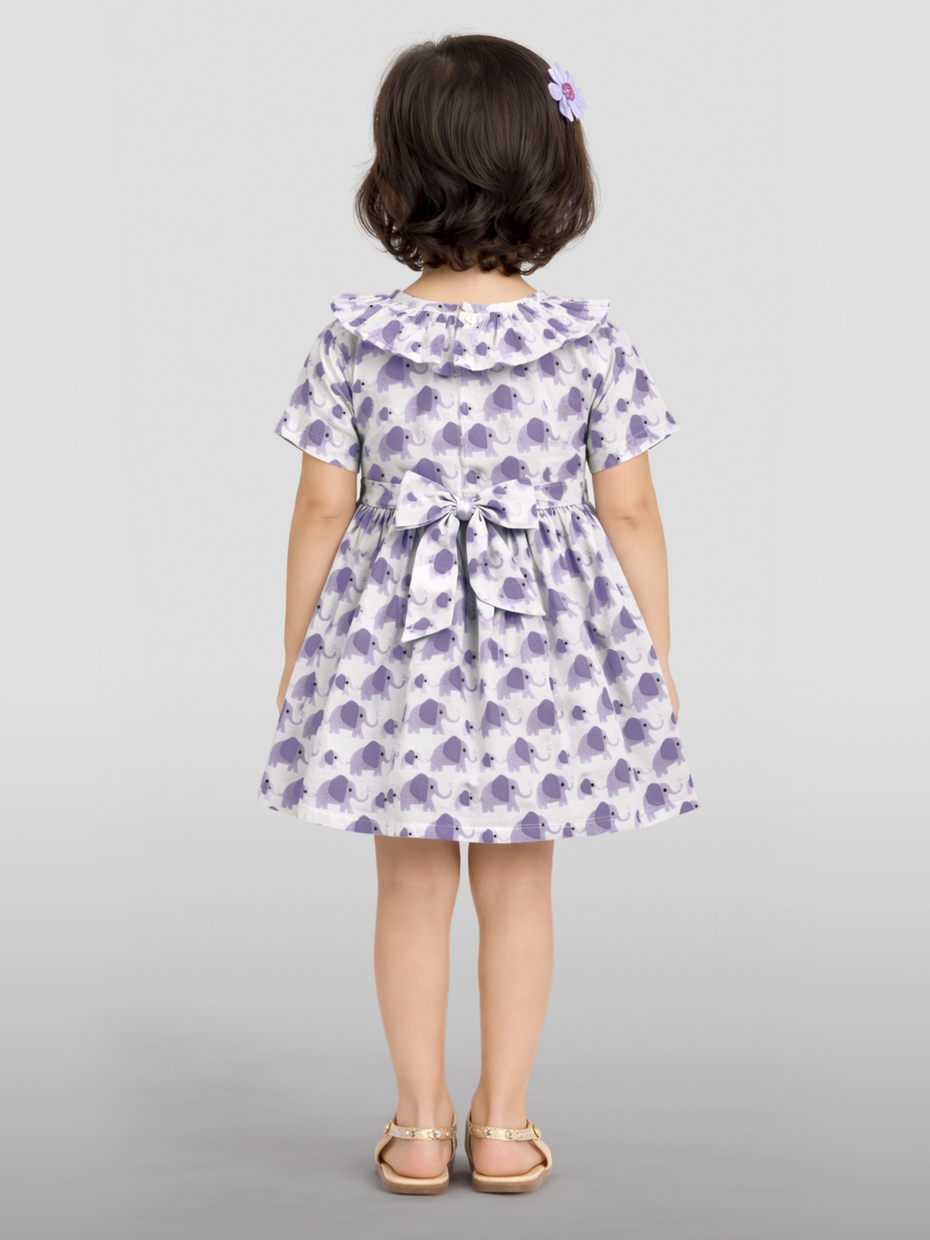 Girls Purple Cotton Animal Print Gathered Short Sleeve A-Line Dress