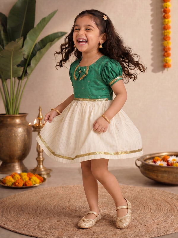 Girls Green Chanderi Zari Embroidered Party Dress