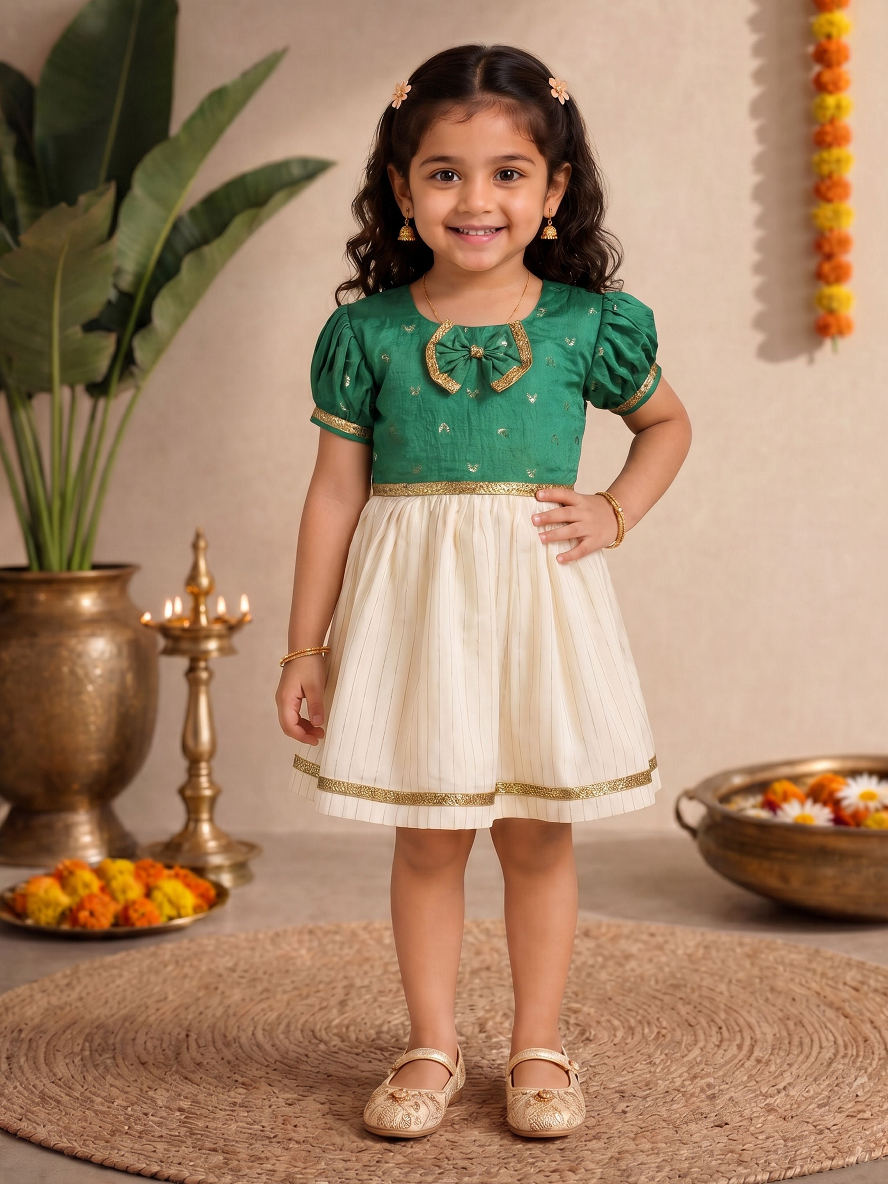 Girls's Green Chanderi Embroidered Thigh Length Dress