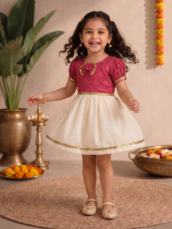 Girls Pink Chanderi Zari Embroidered Fit & Flare Dress