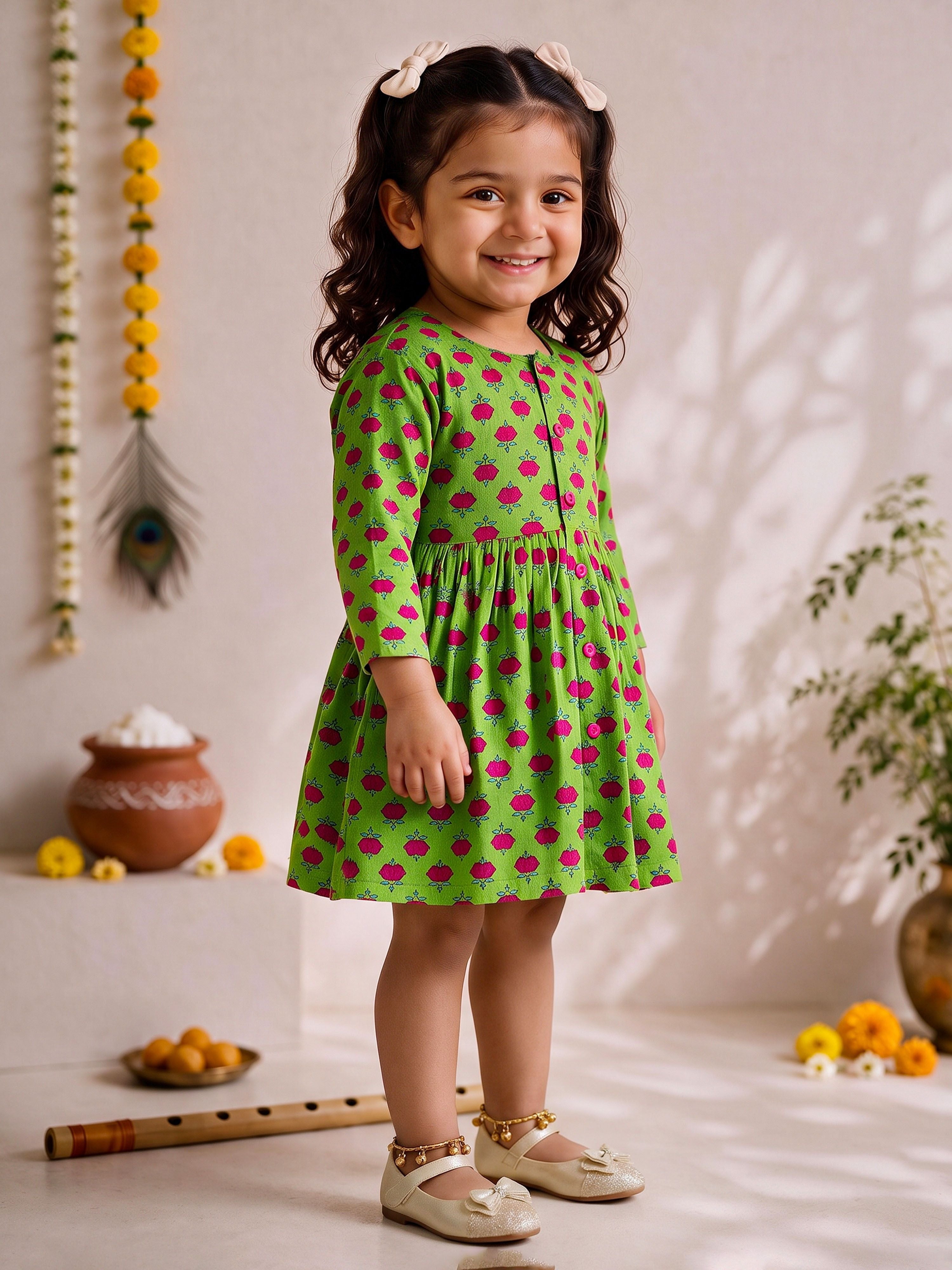 Girls's Green Cotton Floral Print Thigh Length Frock