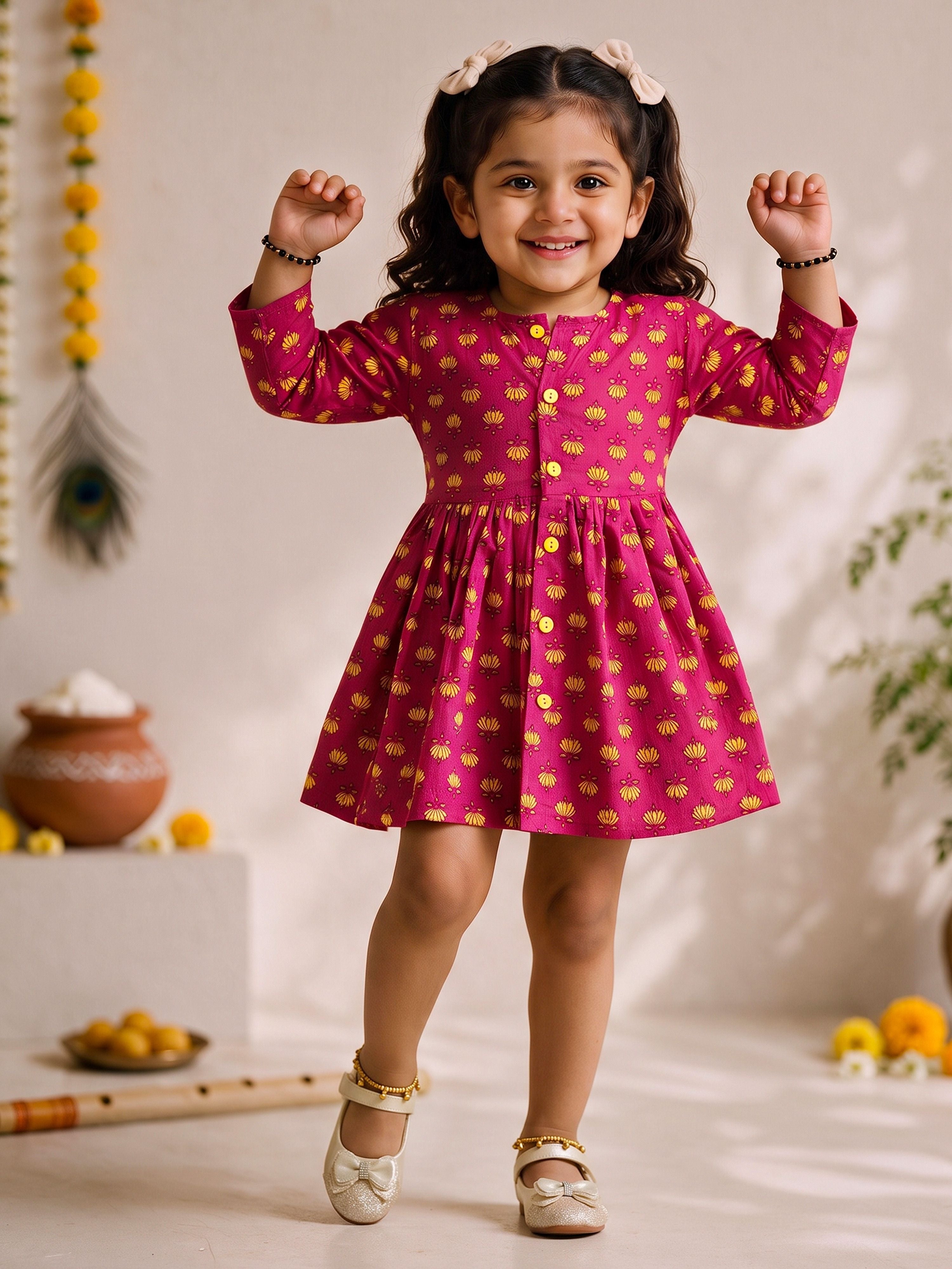 Girls Pink Cotton Floral Print A-Line Dress with Buttons