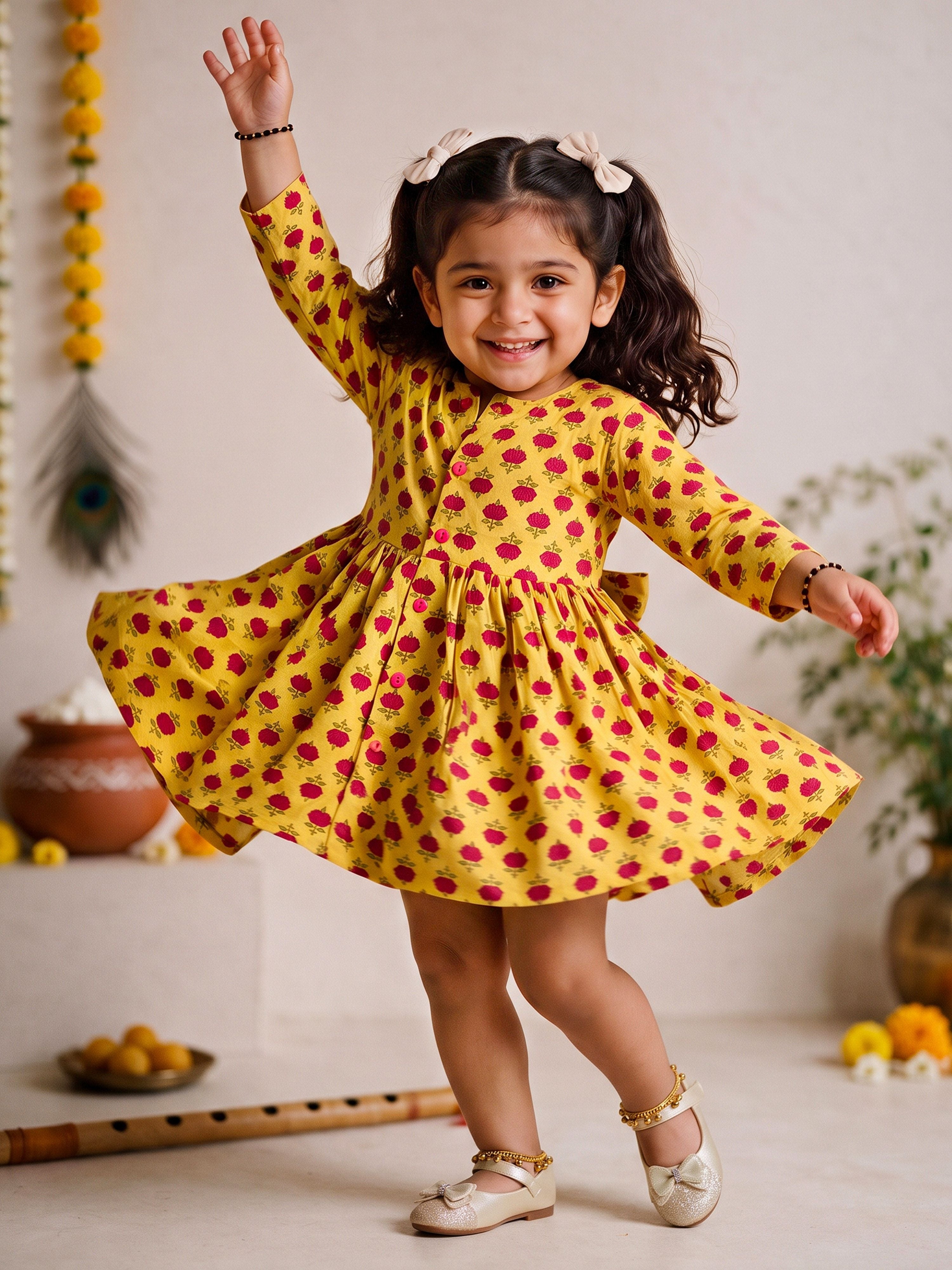 Girls Yellow Cotton Floral Print Fit & Flare Dress