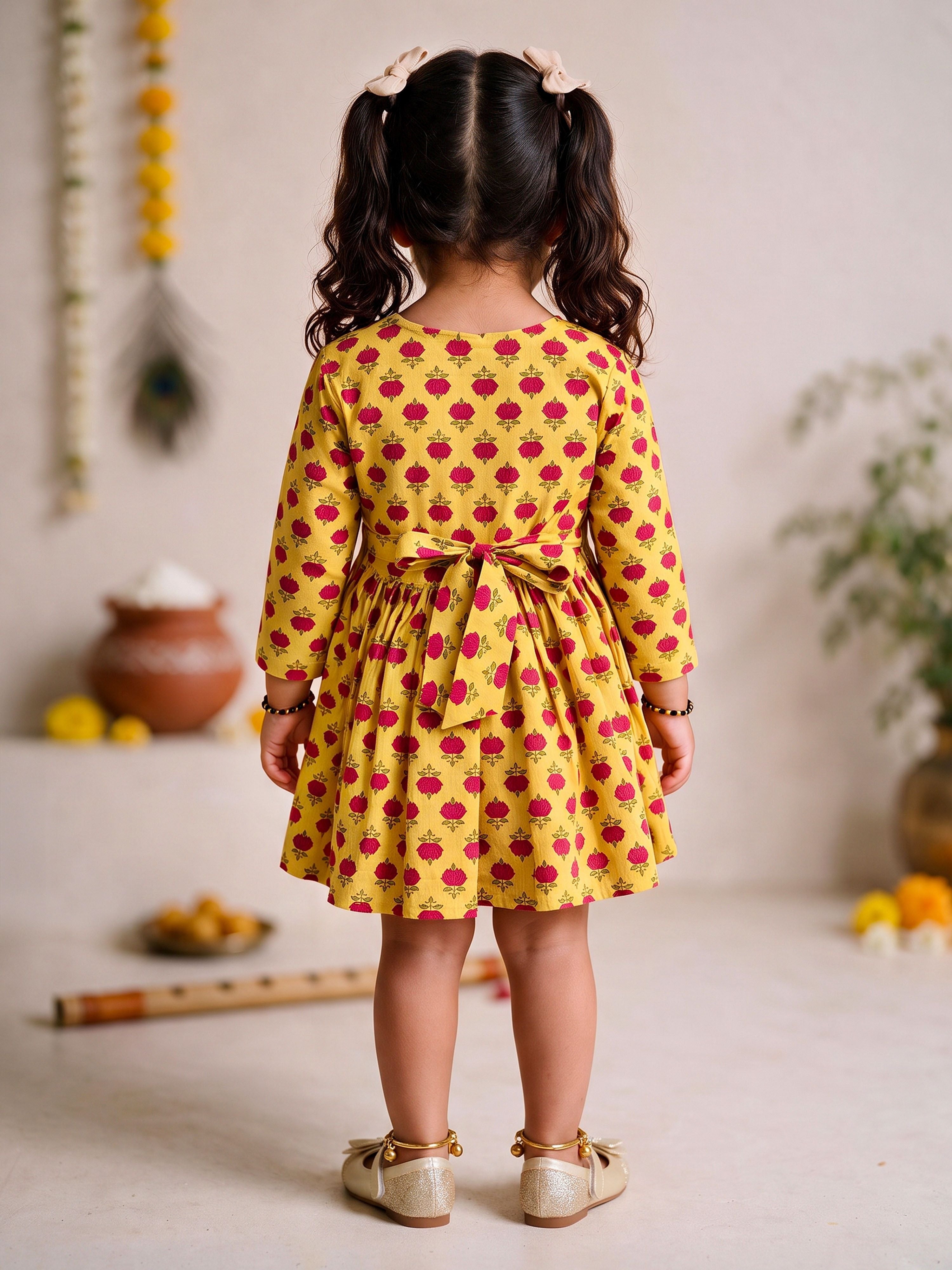 Girls's Yellow Cotton Floral Print Thigh Length Frock