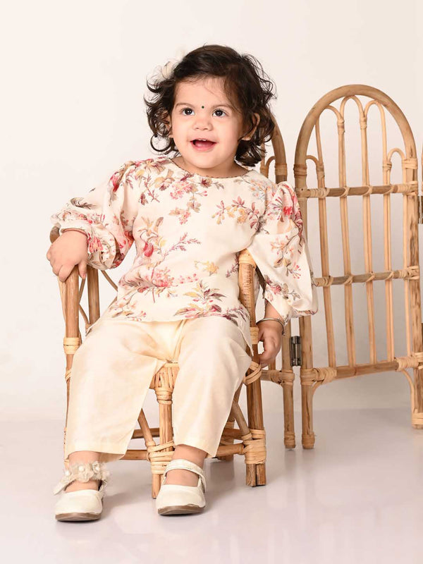 Sishu Girl's Cream Floral Print Kurta Pyjama Set