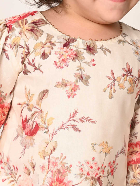 Sishu Girl's Cream Floral Print Kurta Pyjama Set