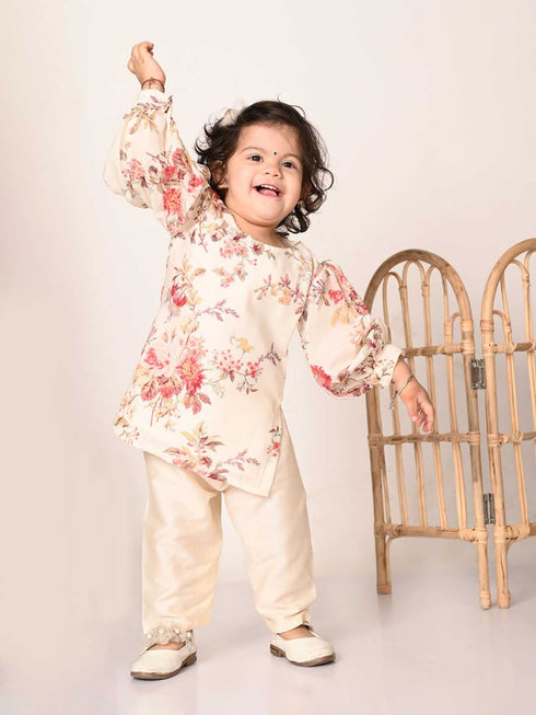 Sishu Girl's Cream Floral Print Kurta Pyjama Set