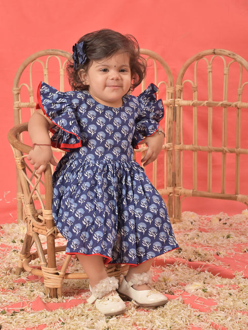 Sishu Girl's Blue Cotton Printed Dress