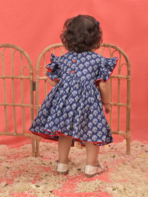 Sishu Girl's Blue Cotton Printed Dress