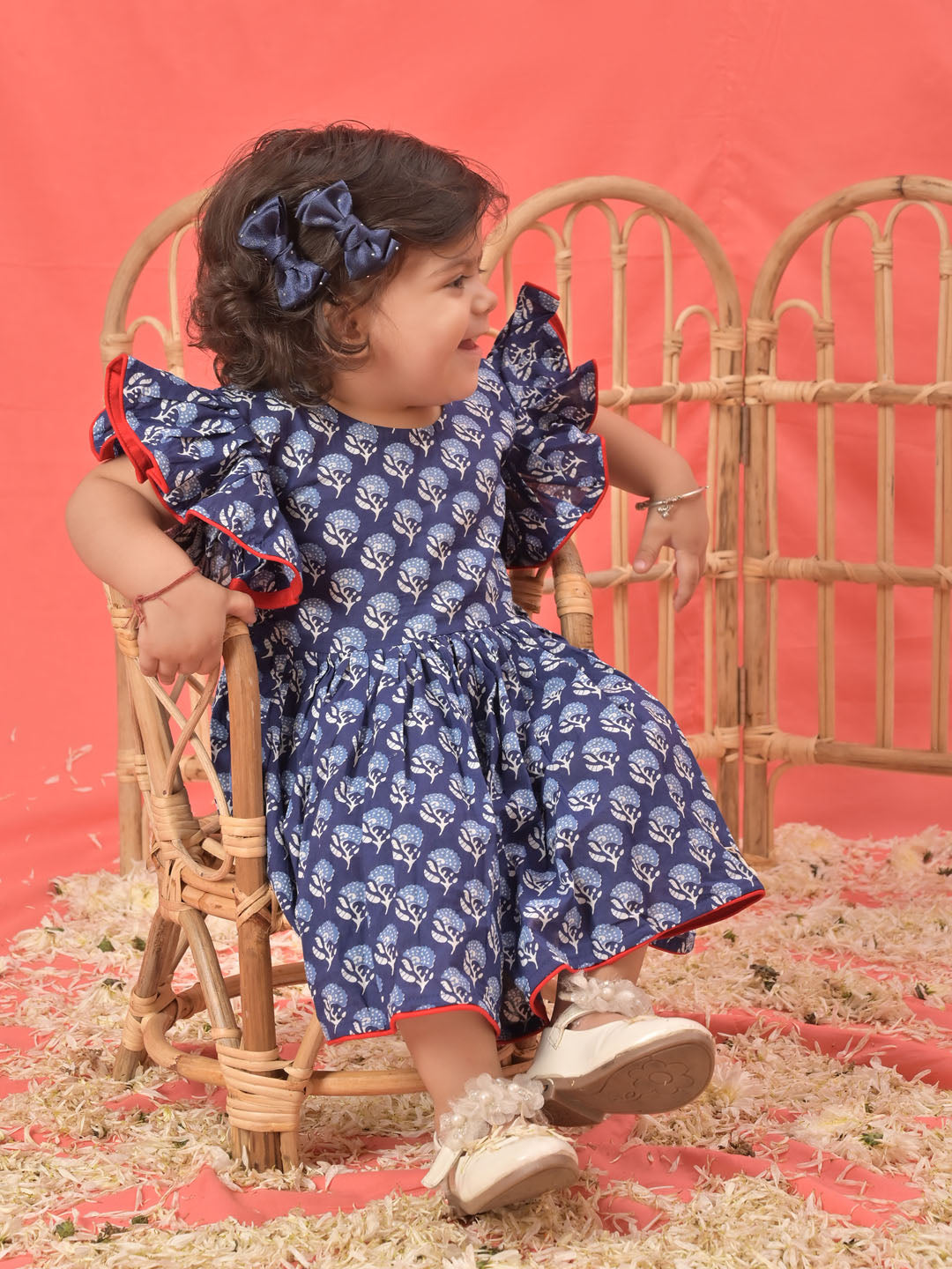 Sishu Girl's Blue Cotton Printed Dress