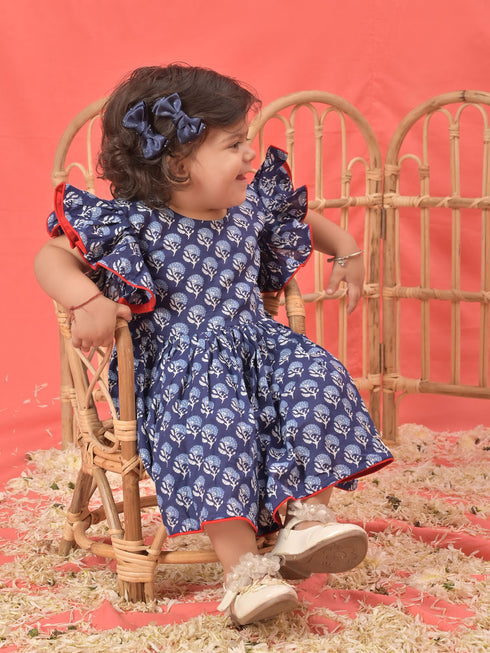 Sishu Girl's Blue Cotton Printed Dress