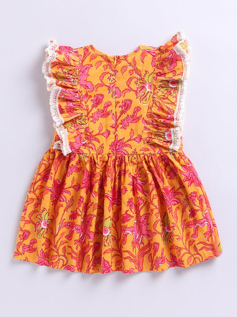 Mustard Floral Cotton Dress For Girl's