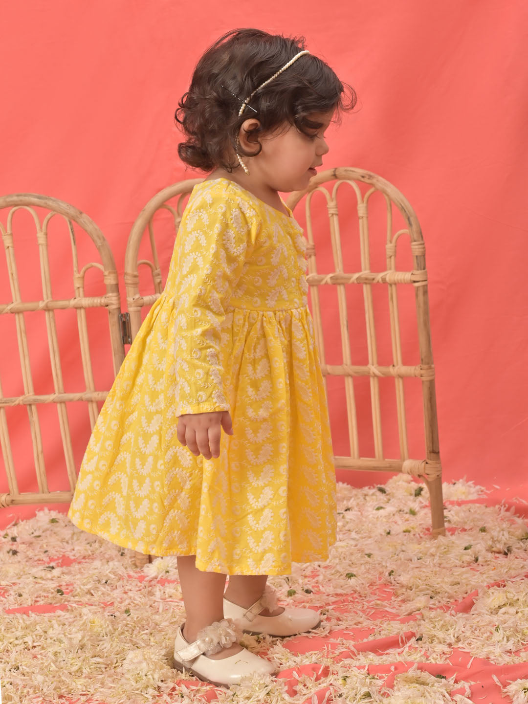 Girl's Mustard Chikankari Cotton Kurta