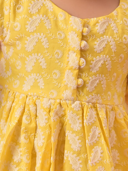 Girl's Mustard Chikankari Cotton Kurta