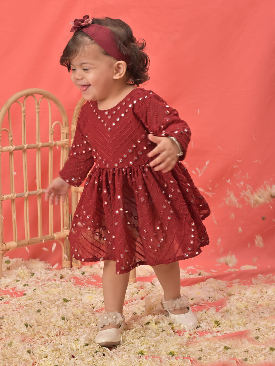 Sishu Girl's Maroon Mirror Kurta