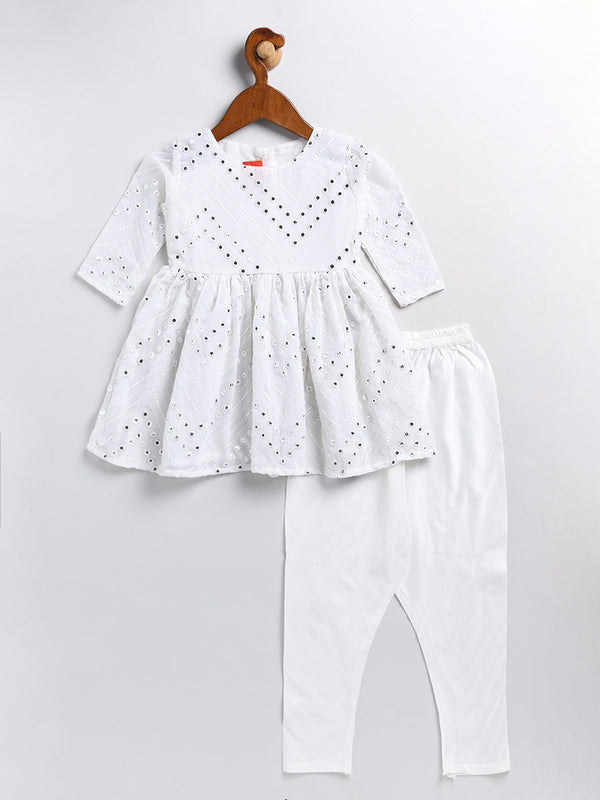 Girl's White Mirror Kurta Pyjama Set
