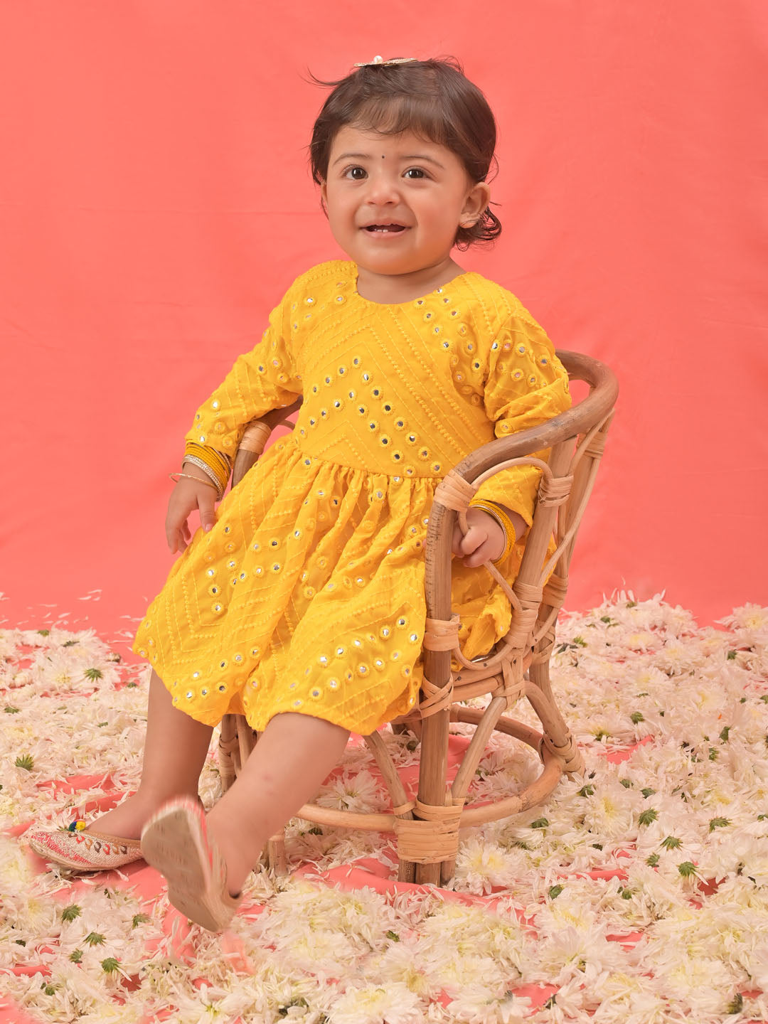 Sishu Girl's Yellow Mirror Kurta