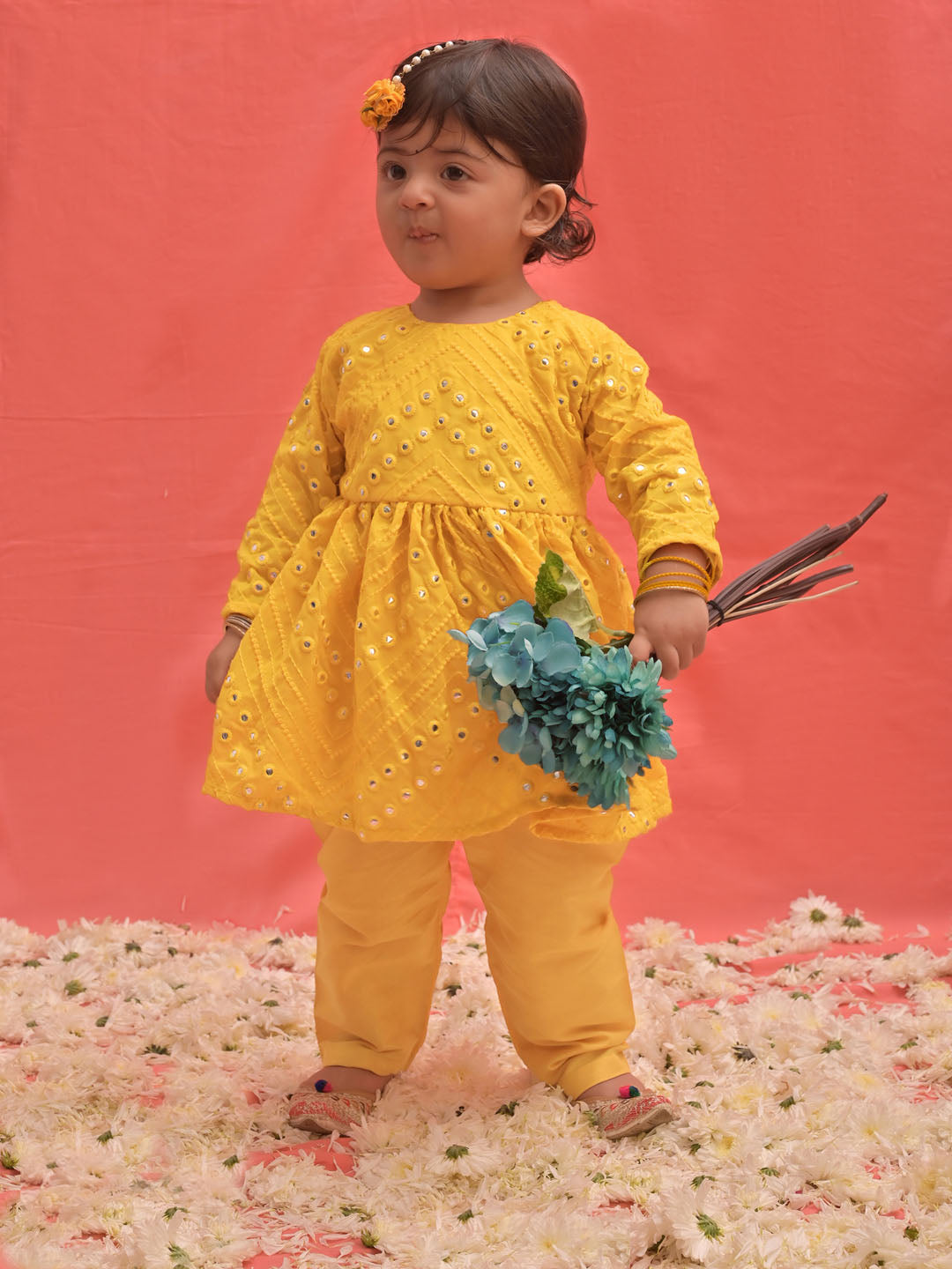 Sishu Girl's Yellow Mirror Kurta Pyjama Set