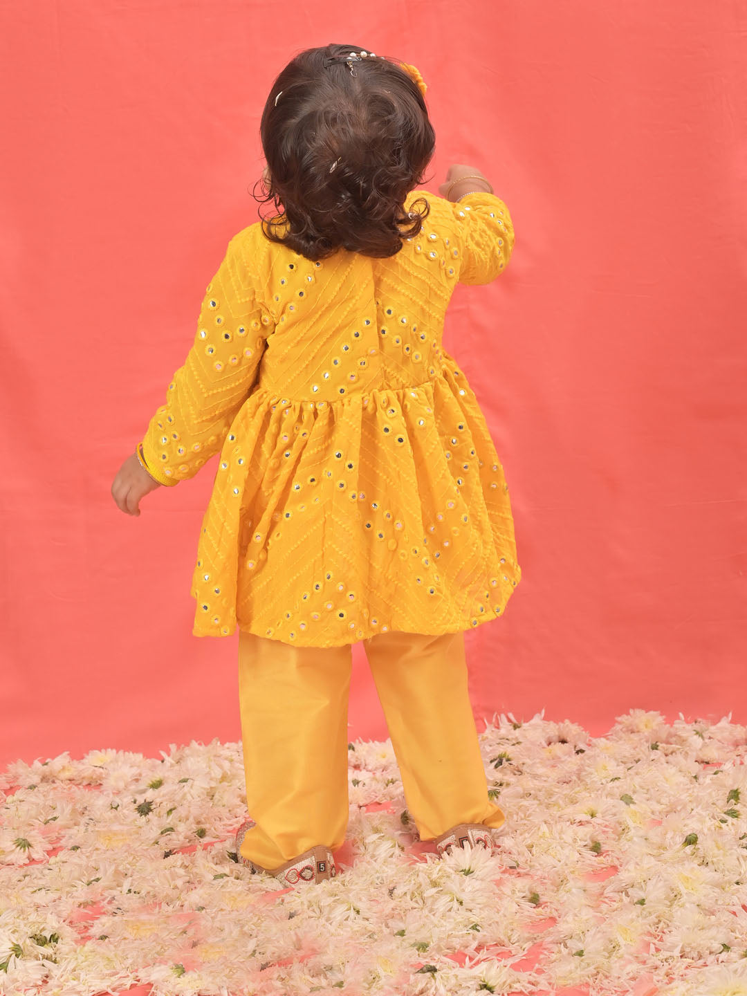 Sishu Girl's Yellow Mirror Kurta Pyjama Set