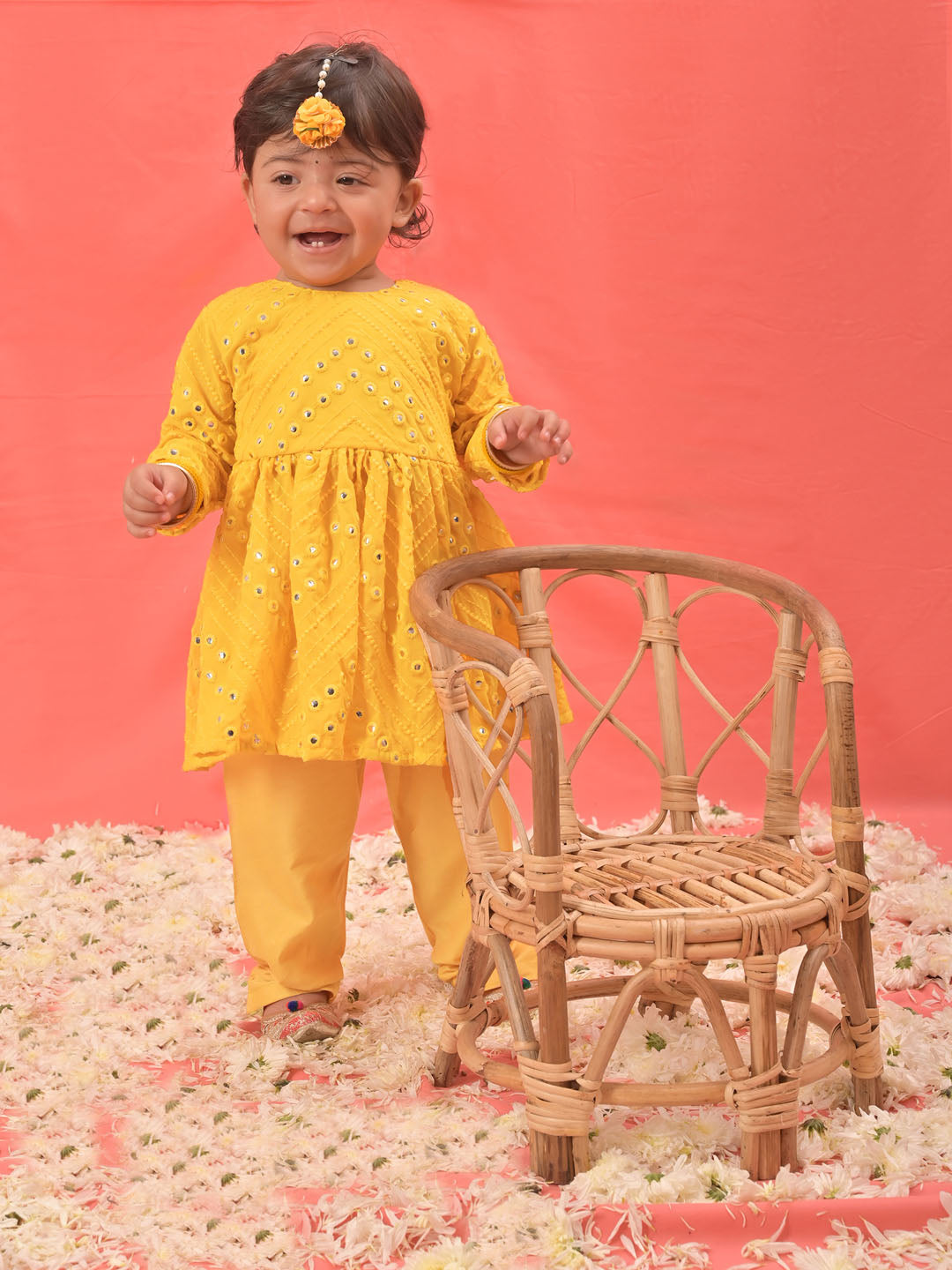 Sishu Girl's Yellow Mirror Kurta Pyjama Set