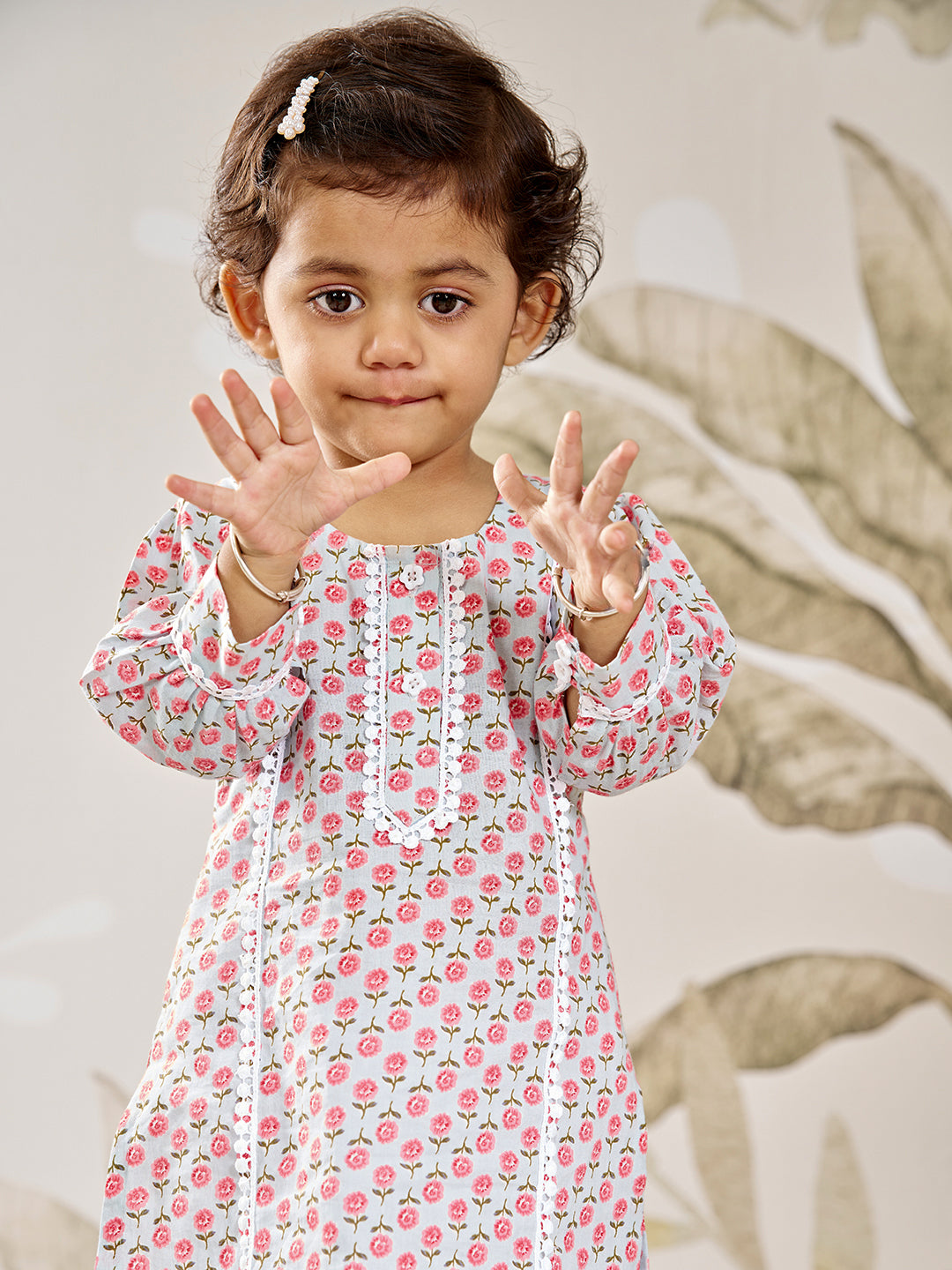 Girl's Aqua Floral Cotton Kurta Leggings Set