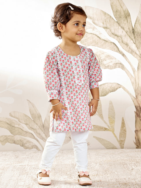 Girl's Aqua Floral Cotton Kurta Leggings Set
