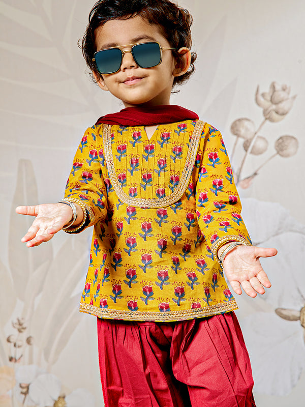 Girl's Mustard Floral Kurta Patiala Set With Dupatta