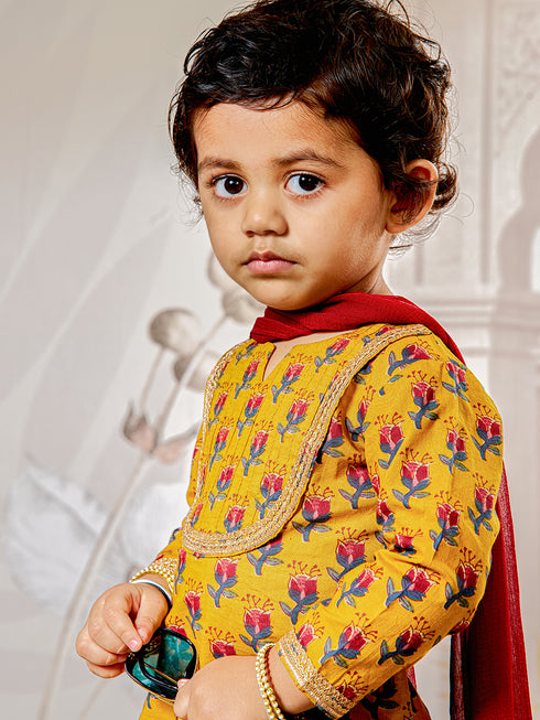 Girl's Mustard Floral Kurta Patiala Set With Dupatta