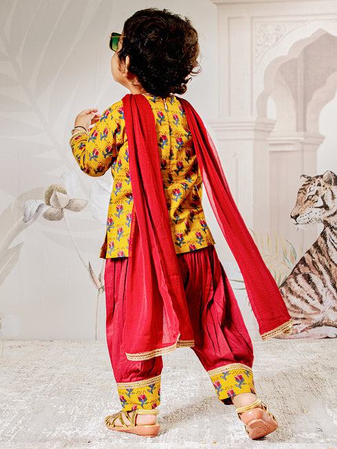 Girl's Mustard Floral Kurta Patiala Set With Dupatta