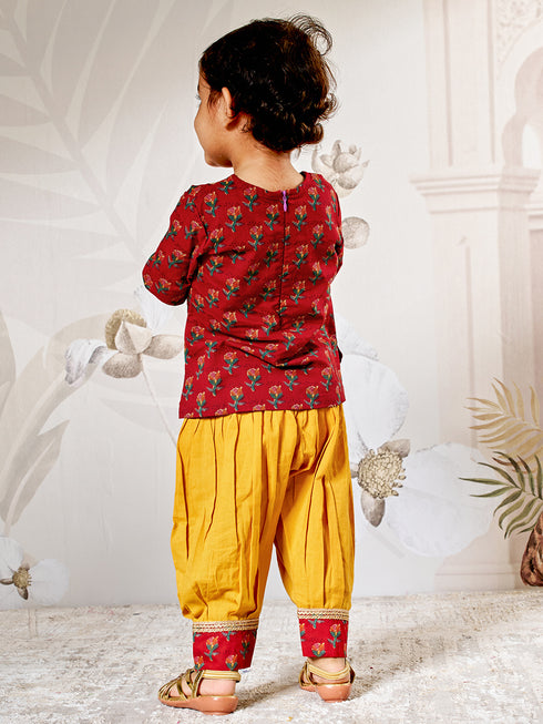 Girl's Red Floral Kurta Patiala Set With Dupatta