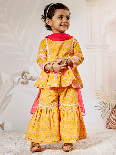 Girl's Orange Floral Cotton Kurta Sharara Set With Dupatta