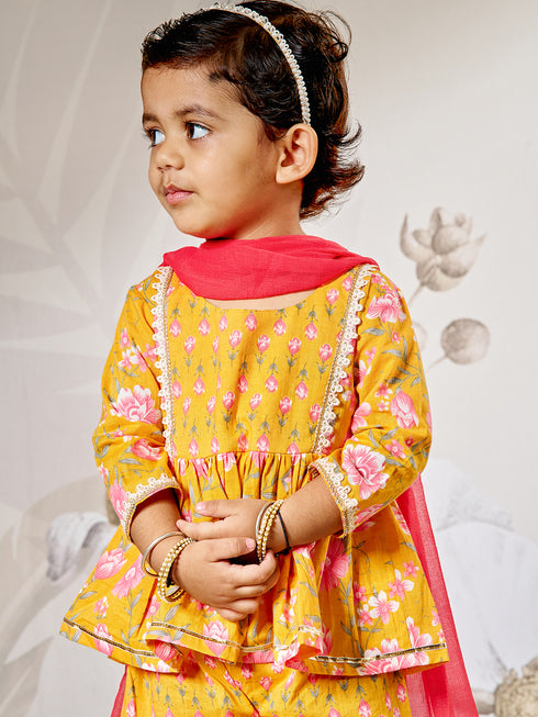 Girl's Orange Floral Cotton Kurta Sharara Set With Dupatta