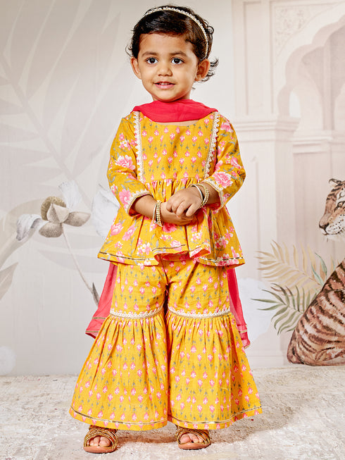 Girl's Orange Floral Cotton Kurta Sharara Set With Dupatta