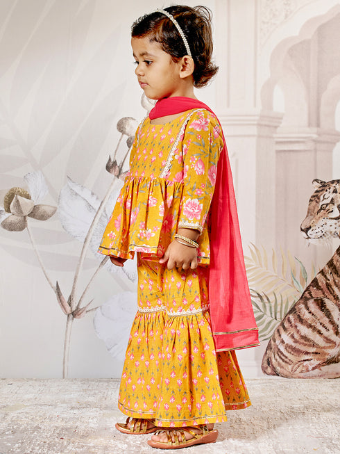Girl's Orange Floral Cotton Kurta Sharara Set With Dupatta