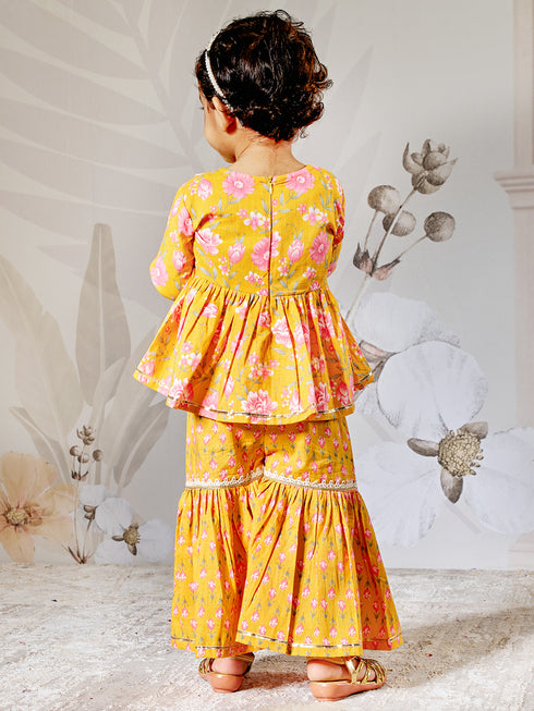 Girl's Orange Floral Cotton Kurta Sharara Set With Dupatta