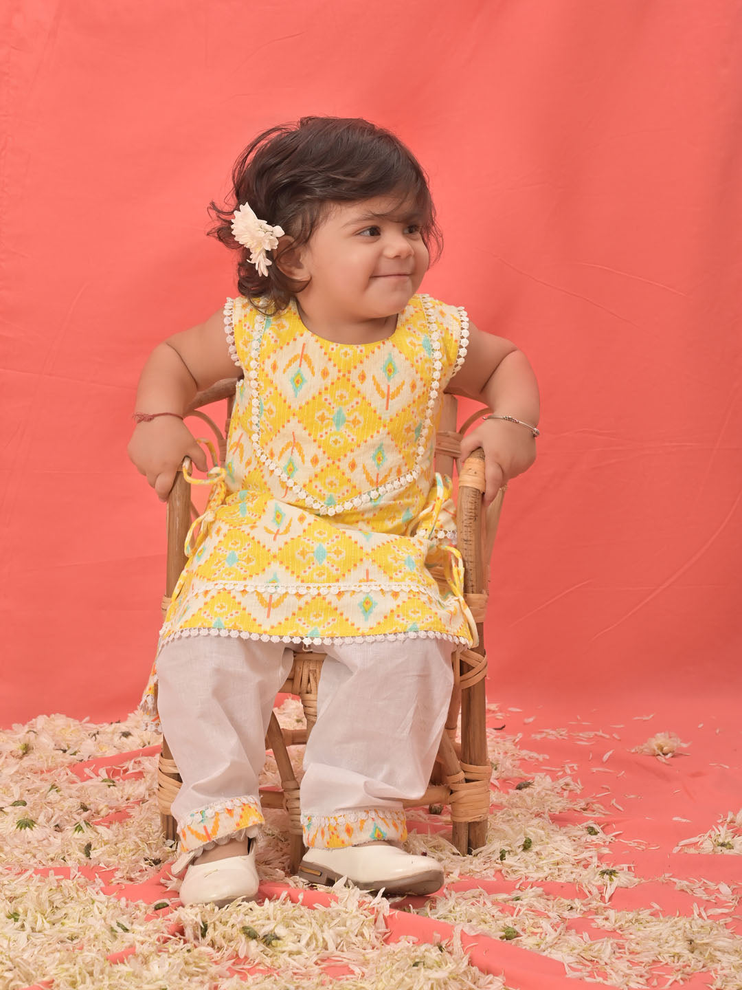 Girl's Yellow Ikaat Print A-Line Kurta Pyjama Set