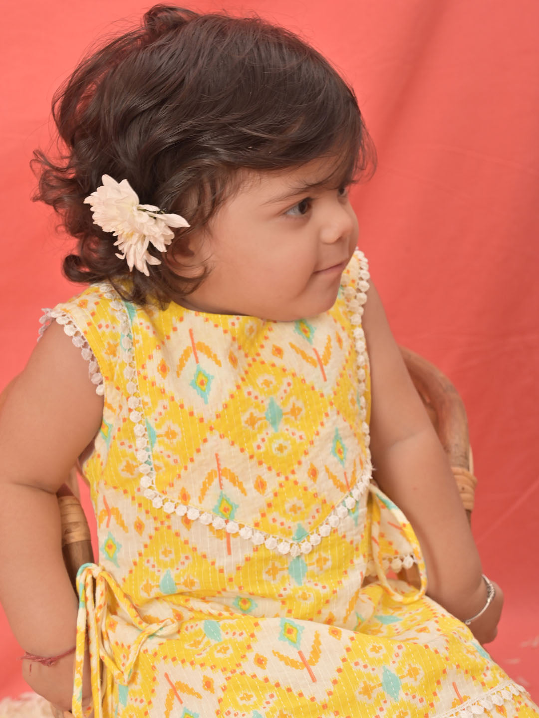 Girl's Yellow Ikaat Print A-Line Kurta Pyjama Set