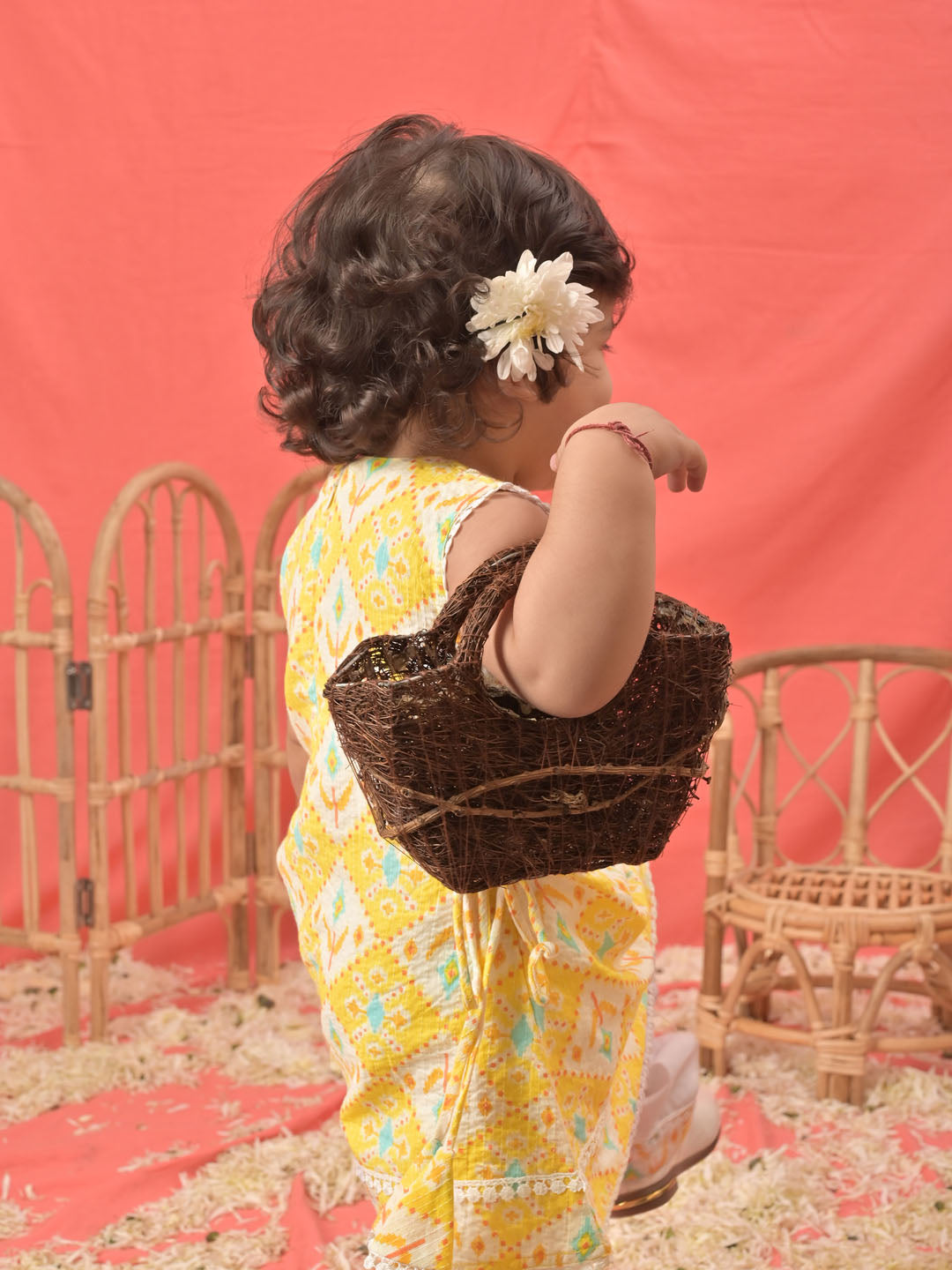 Girl's Yellow Ikaat Print A-Line Kurta Pyjama Set