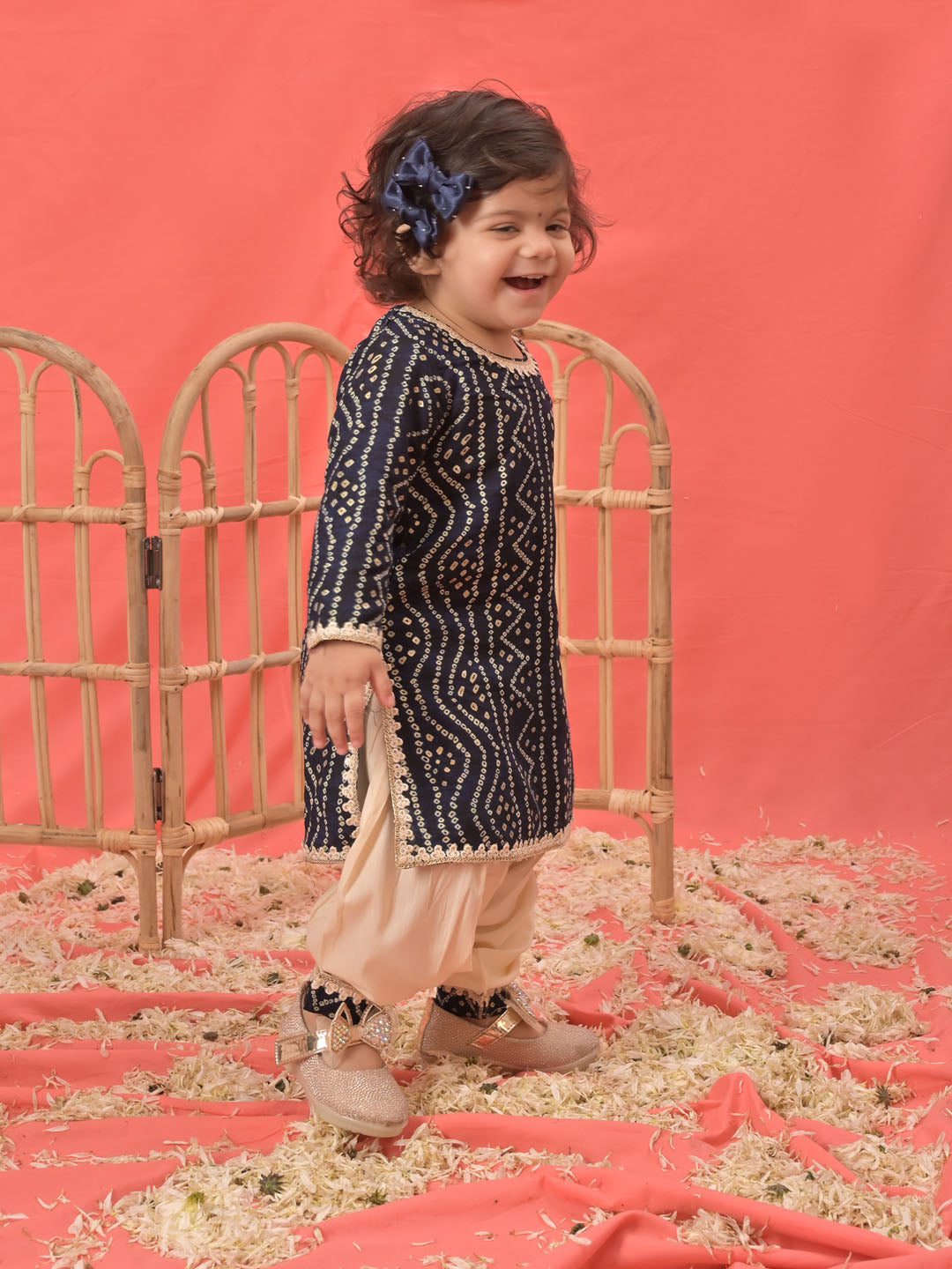 Sishu Girl's Navy Blue Bandhni Print Kurta And Patiala Set
